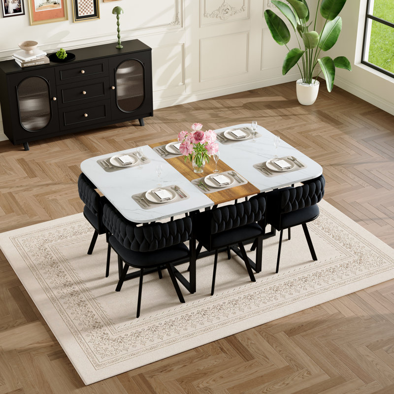Ensemble de table de salle à manger 7 pièces rectangulaire, plateau fixe en faux marbre blanc et grain de bois avec 6 chaises en velours noir, ensemble de table de cuisine moderne pour 6 personnes, idéal pour les petits espaces