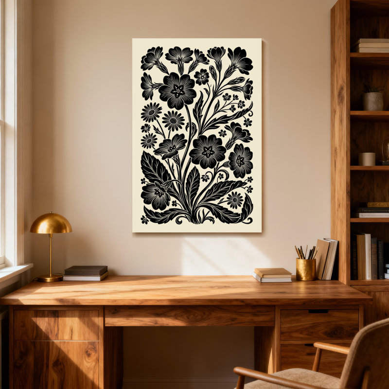 Plantes et fleurs à motif floral noir sur fond crème, H 30 po x l 20 po