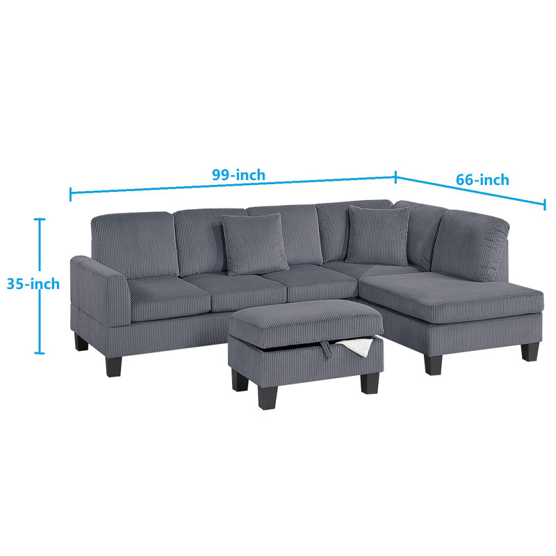 3-Piece Sectional Set W/ Ottoman, Gray Corduroy