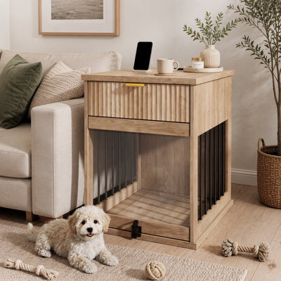 3-in-1 Dog Crate End Table with Charging Station and Glass Door
