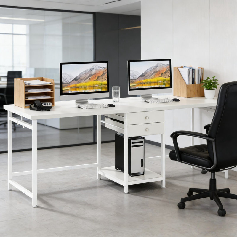 Bureau d'ordinateur rectangulaire avec tablette ouverte et crochet latéral, Blanc