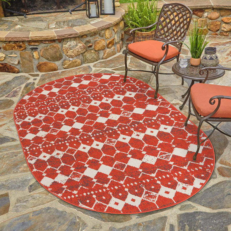 Tapis intérieur / extérieur en polypropylène tissé à la machine Enzor, Ovale 7 pi 10 po x 10 pi
