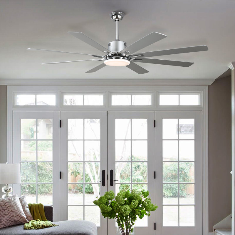  72" Large Silver Modern Ceiling Fan with Dimmable LED Lights and Remote, Quiet DC Motor 6 Fan Speed, Chrome