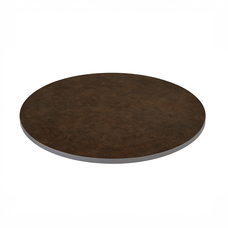 Plateau de table en pierre frittée brun foncé avec une finition texturée subtile, intérieur / extérieur