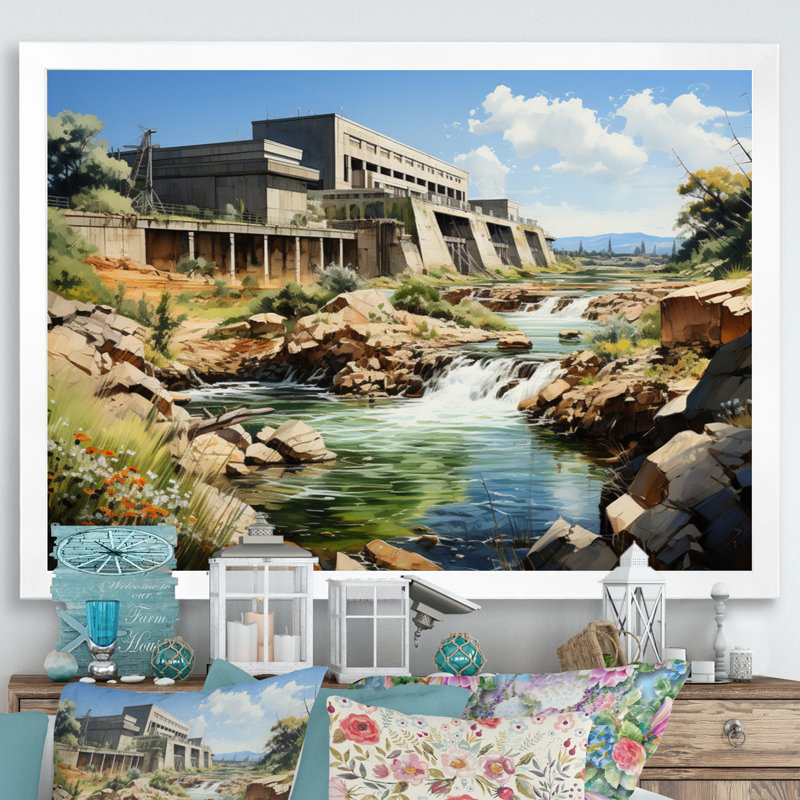 Dam Industrial Beauty Urban - Dams Wall Art Living Room, H 34 po x l 44 po x P 1,5 po, Cadre simple blanc