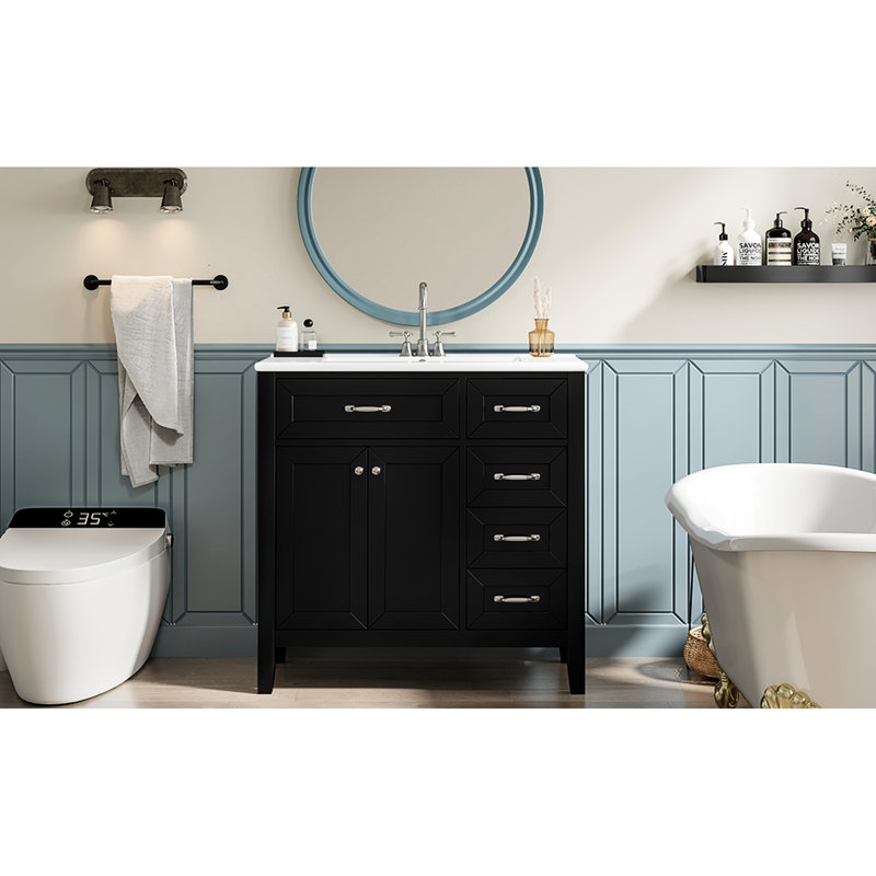 Meuble-lavabo noir 36 po avec lavabo, bois d'hévéa et construction, tiroirs de rangement, autoportants, tiroirs fonctionnels, lavabo en céramique lisse, solide, option de modernisation moderne