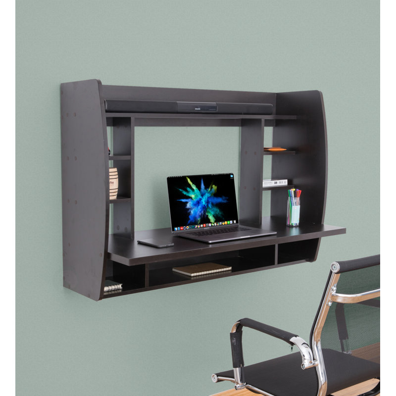 Black Wall Mounted Floating Laptop Desk with Storage Shelves, Space Saving Home Office Computer Workstation for Study Bedroom Writing Area