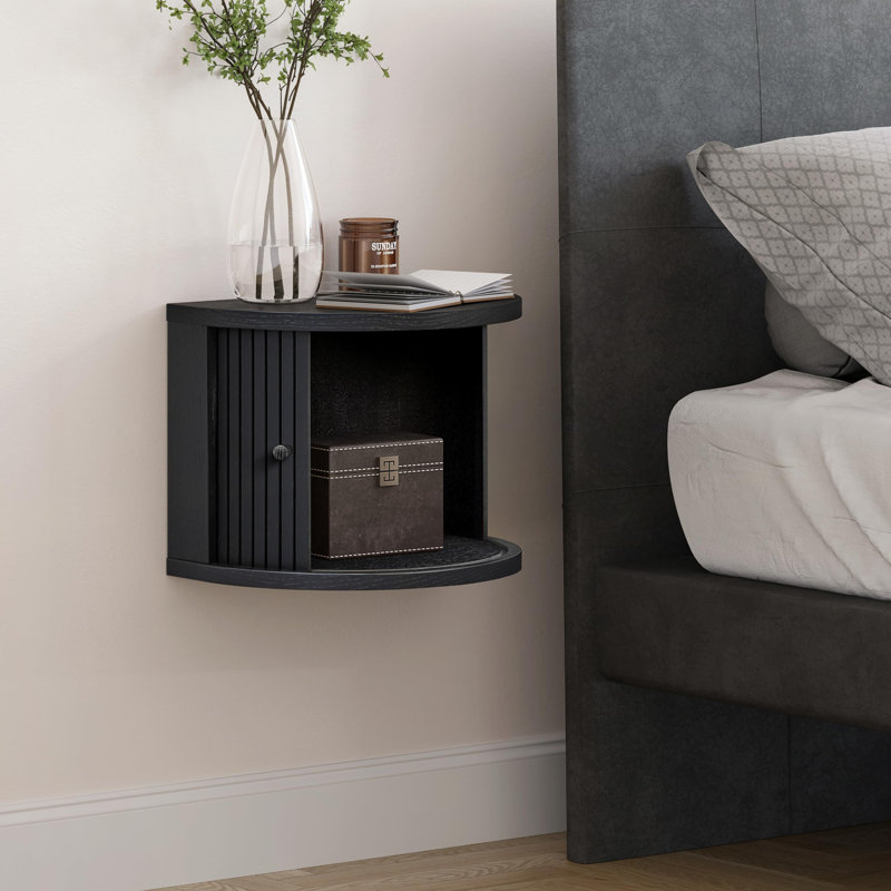 16'' Floating Nightstand with Storage and Sliding Door - Floating Side Table for Living Room, Bedroom and Office. Mid Century Modern Nightstand Wood, Bedside Shelf Wall Mount (Black Oak)