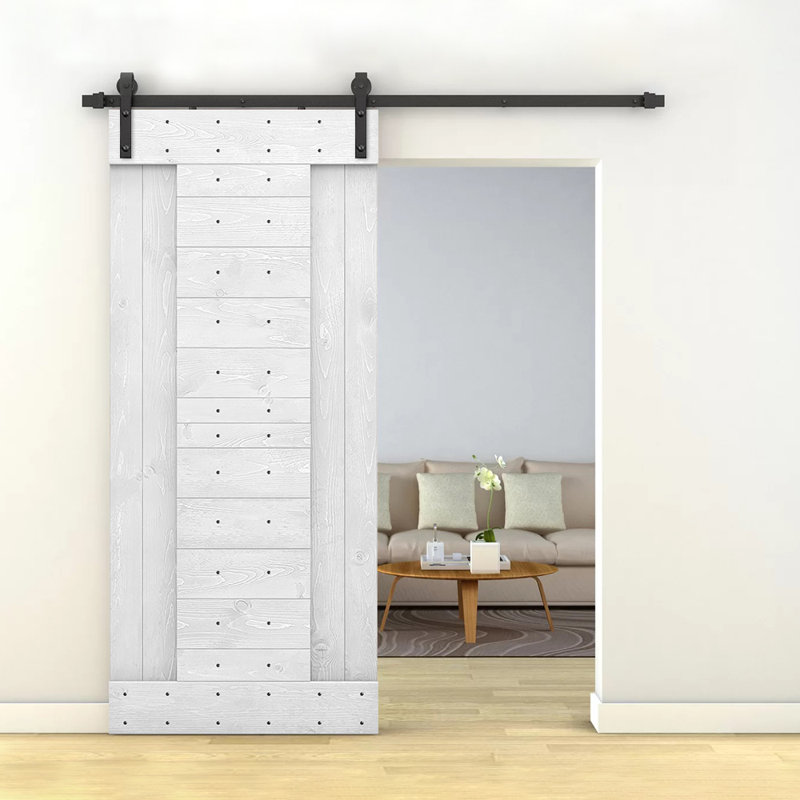 Porte de grange lambrissée peinte en bois et en métal avec trousse de quincaillerie d'installation, H 84 po x l 24 po, Blanc
