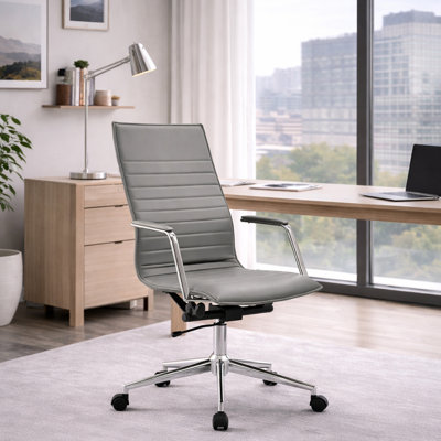 Modern High Back Office Desk Chair | Upholstered Ribbed PU Leather with Metal Frame | Adjustable Height, Tilt Lock | Computer Armchair for Home, Executive, Conference, Meetings
