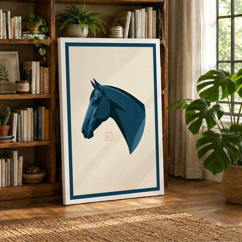 Teal Horse Profile Japandi - Wrapped Canvas, 24x16 - 61.0 x 40.6 cm, Terracotta Border
