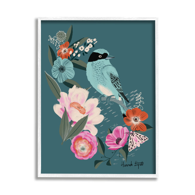 "Blue Bird And Flowers On Canvas" par Hannah, impression, H 20 po x l 16 po x P 1,5 po, Giclée encadrée blanc bord de mer