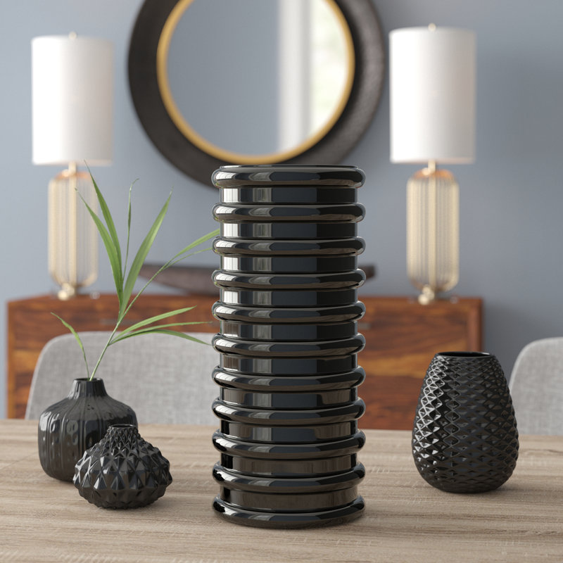 Glass Vase Ribbed Cylindrical Glass with Modern Grooved Design and Contemporary Silhouette for Decorative Display., Gold