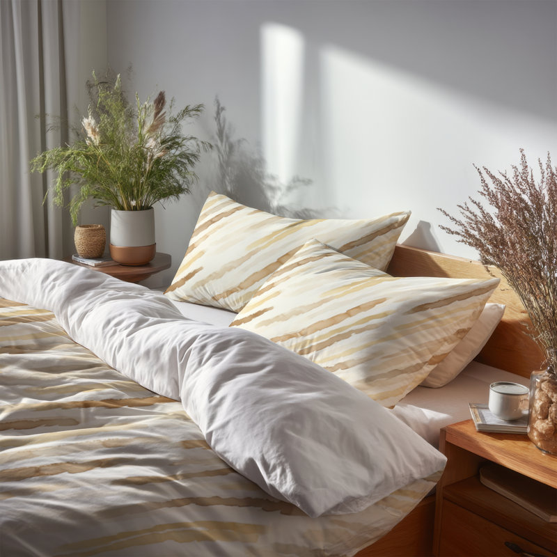Ensemble d'édredon rayé 6 pièces - Lignes de blé campagnard brun et jaune avec taies décoratives et coussins décoratifs