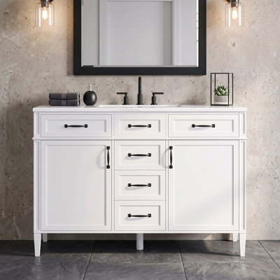 Meuble-lavabo moderne autoportant de 48 po avec comptoir en composite, 4 tiroirs, 2 portes et étagères réglables