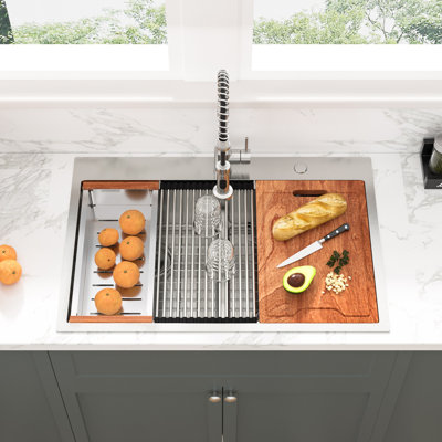 33'' L 50/50 Double Bowl Stainless Steel Drop-In Kitchen Sink with Accessories