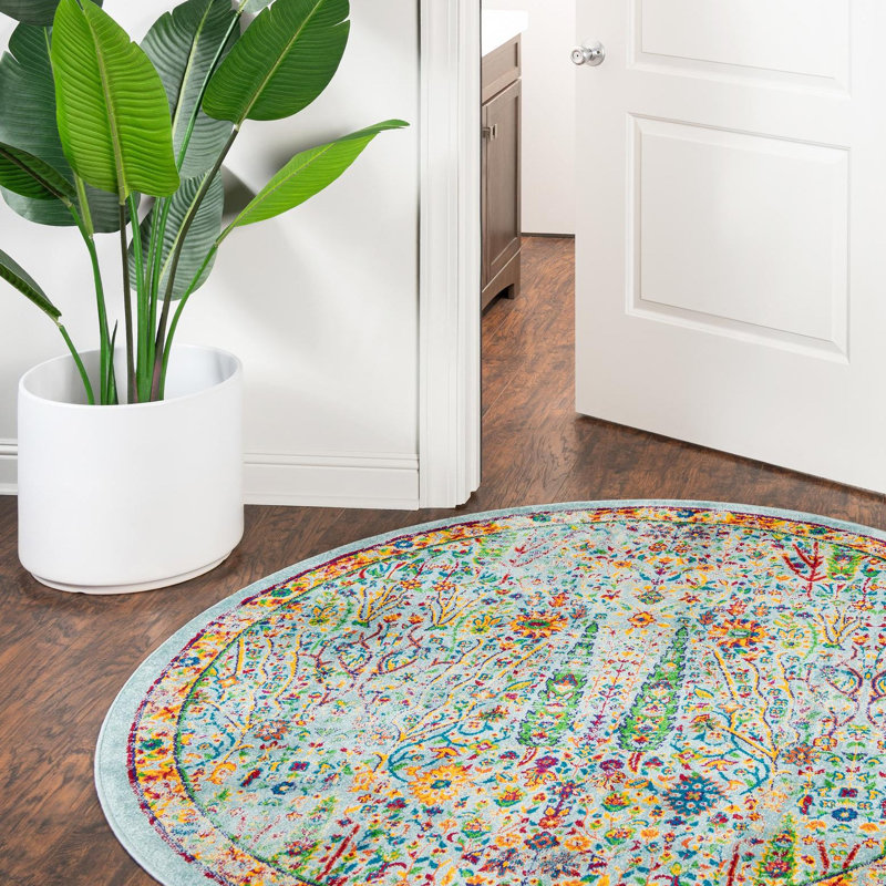 Round Floral Power Loomed Polypropylene Area Rug in Aqua/Blue/Orange, Round 5'3"