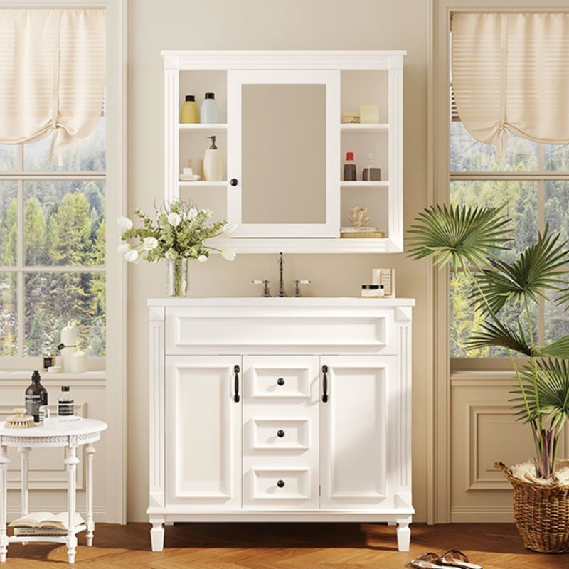 Meuble-lavabo de 36 po avec lavabo supérieur, armoire à miroir, armoire de rangement moderne avec 2 portes à fermeture douce et 2 tiroirs, meuble-lavabo simple, meuble-lavabo