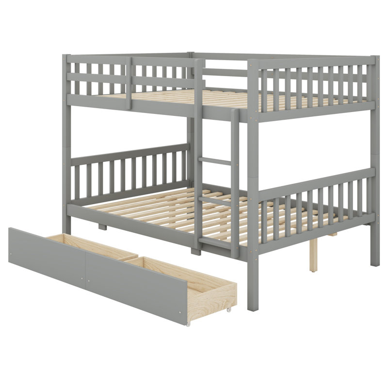 2-In-1 Wood Bunk Bed Convertible To 2 Beds With Drawers Ladder Safety Guardrails, Gray