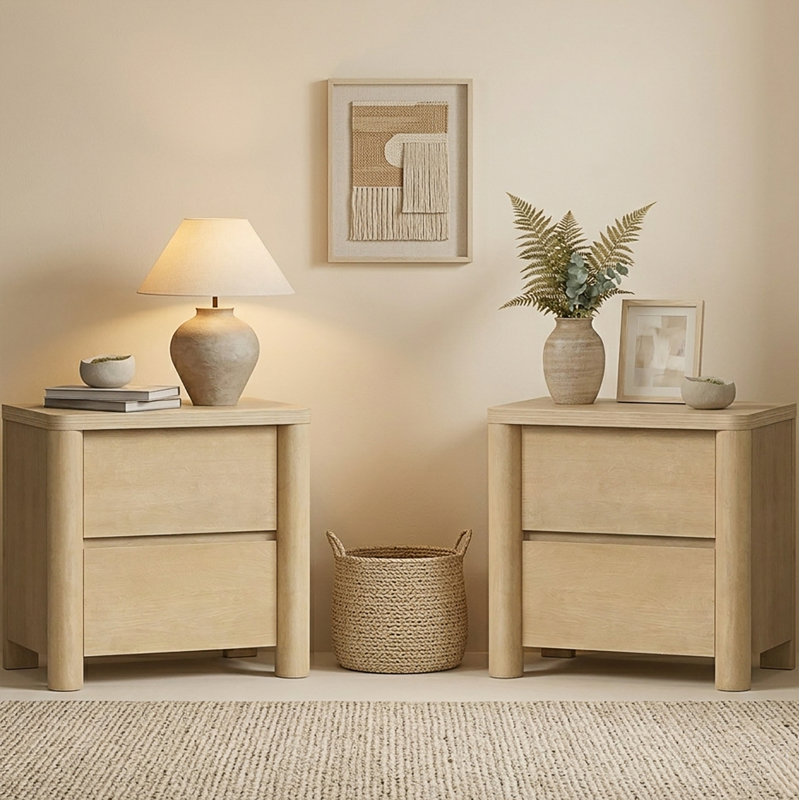 Jarne 25.6" Tall Natural Nightstand Modern Bedside Table With 2 Drawers Curved Wood End Table For Bedroom (Set Of 2)