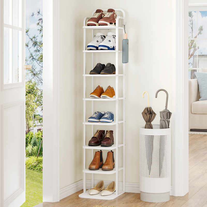 Range-chaussures vertical à 8 niveaux, tour à chaussures étroite, étagère à chaussures haute avec 2 crochets, tablettes réglables, étagères à chaussures de coin pour petits espaces, entrée, salon, blanc