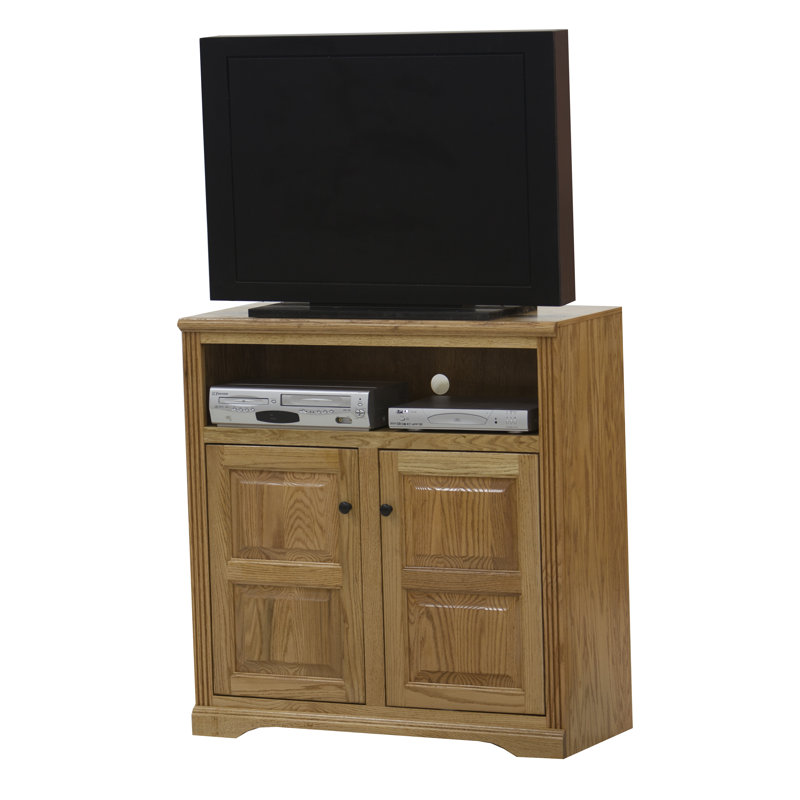 Meuble télé pour téléviseur de 43 po ou moins en bois massif Caelan, Chêne turquoise, Verre ordinaire