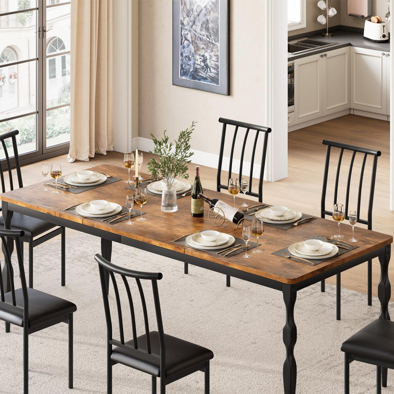71 Inch Brown Rustic Farmhouse Kitchen Table with Large Tabletop Rectangular Dining Table for 6  Long Wooden Dining Room Table with Heavy Duty Legs