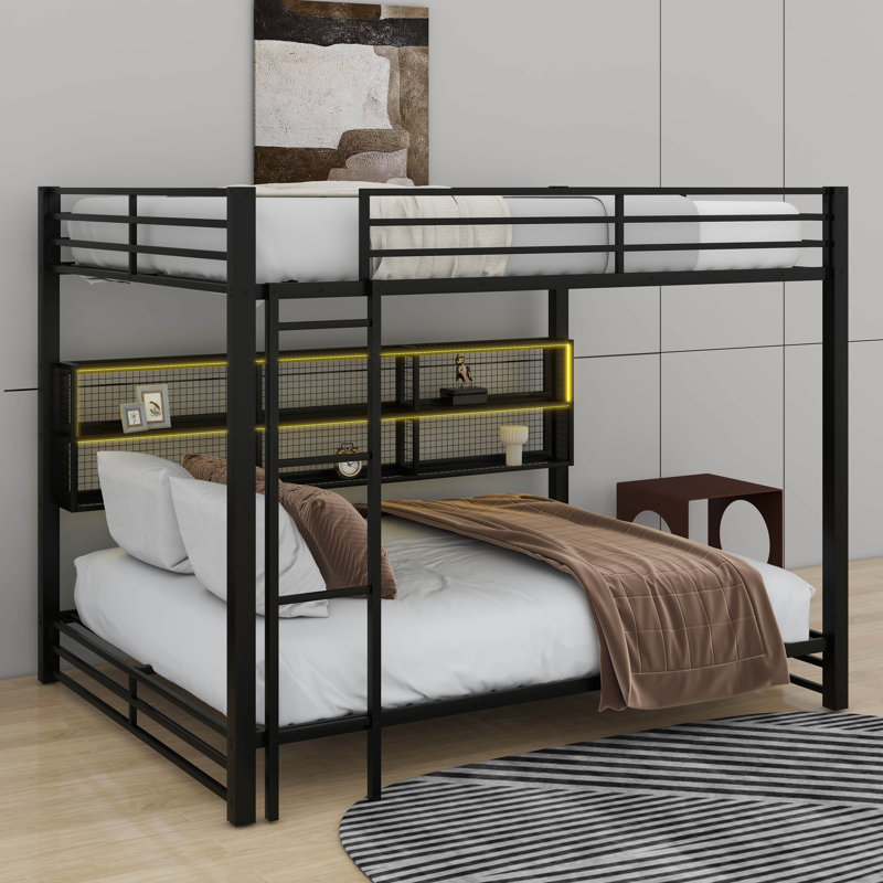 Metal Queen Over Queen Bunk Bed With Storage Cabinets And LED