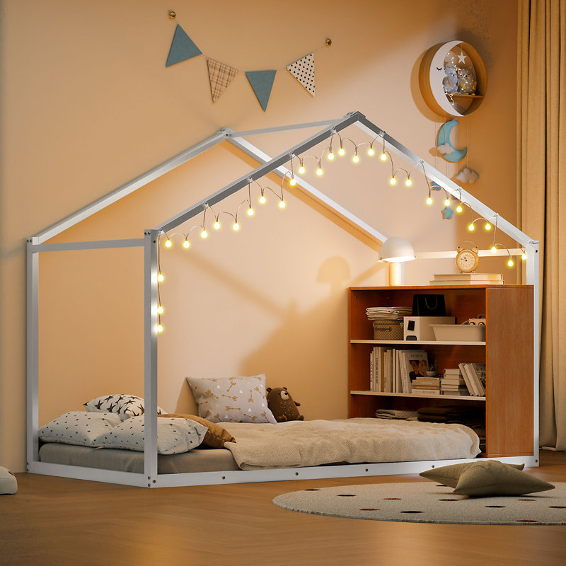 Lit sur pied avec bibliothèque et lumières, Simple, Blanc