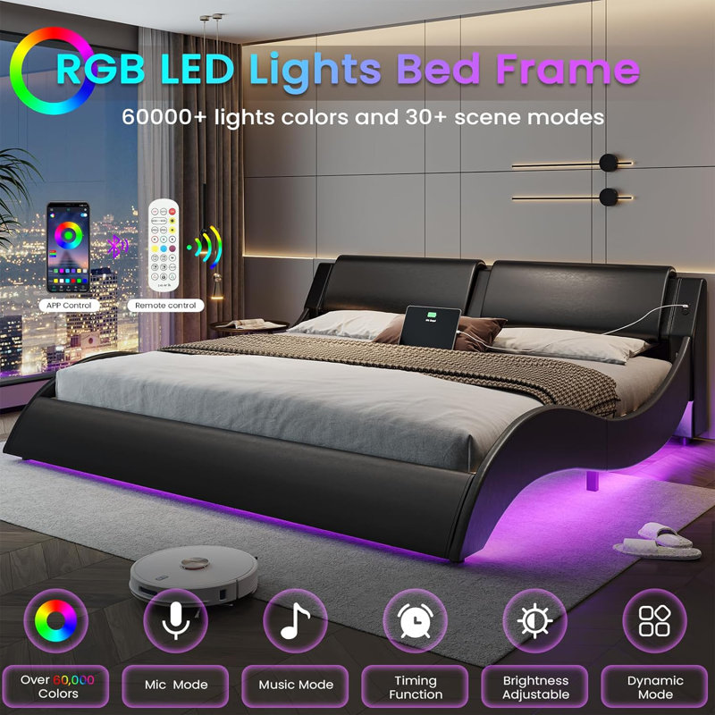 Led Bed Frame With Charging Ports And Headboard Modern Low Profile Platform Bed Frame With Led Lights Wave Like Curve Led Bed Frame,wood Slats Support,easy Assembly,black