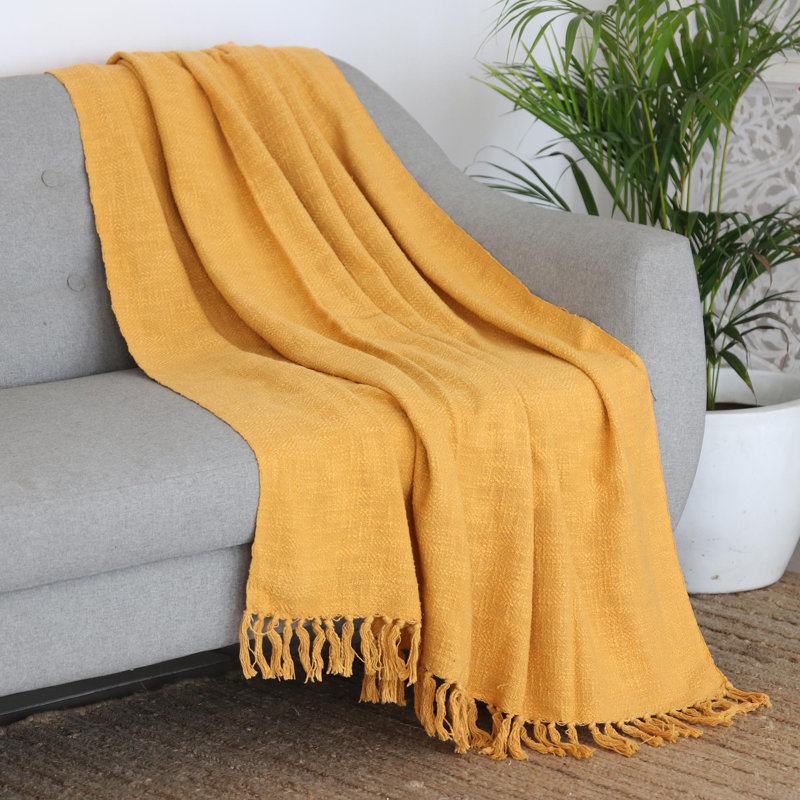 Handmade Marigold Yellow Cotton Throw Blanket with Tasseled Fringe