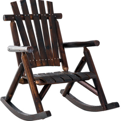 Outdoor Wooden Rocking Chair, Rustic Adirondack Rocker With Slatted Seat, High Backrest, And Armrests For Patio, Garden, And Porch, Large, Brown