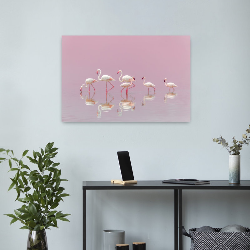Pink Flamingos Wading Elegant Peaceful Serene Bird Flamingo Nature Wildlife Wall Art Print 1 Piece Wrapped Canvas Wall Art