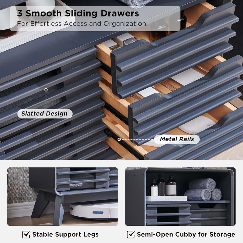 Bathroom Floor Storage Cabinet  With Slatted Sliding Door, Dark Gray