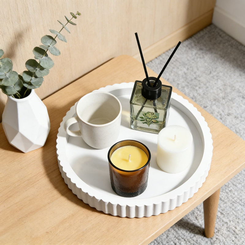 Decorative Tray For Coffee Table, Round Wooden Centerpiece Tray For Home Decor, Organizer For Candle, Perfume, Vanity, Kitchen Counter And Tabletop Display