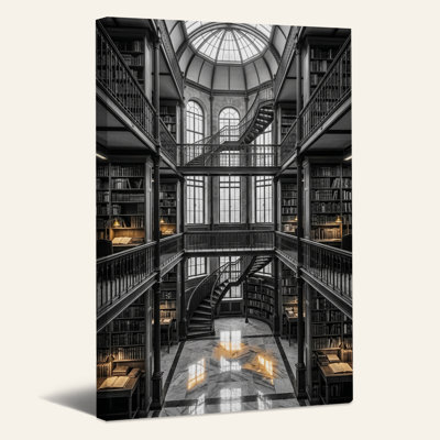 Library Interior With Spiral Staircase And Marble Floor Canvas Wall Art