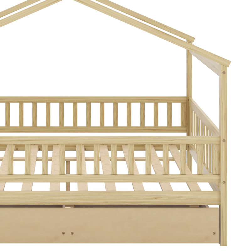 Lit en bois avec deux tiroirs, Naturel, Double