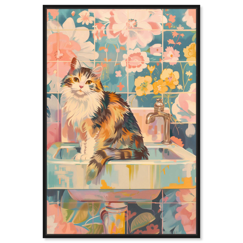 Art de salle de bain dans une jungle pastel, Cadre noir, H 16 po x l 11 po
