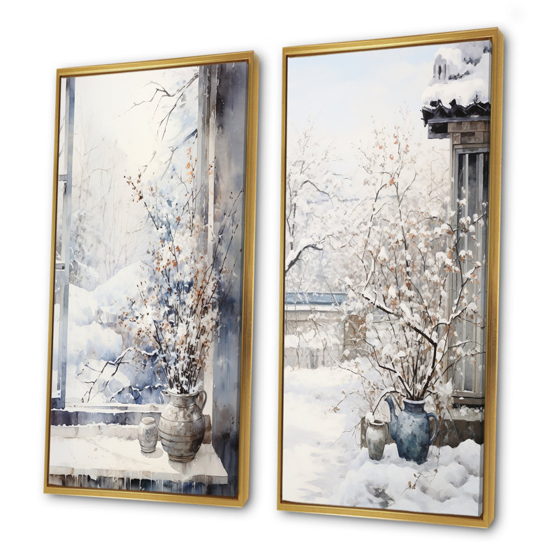 Ensemble de 2 décorations murales en forme de paysage, Cadre flottant doré, H 40 po x l 41 po