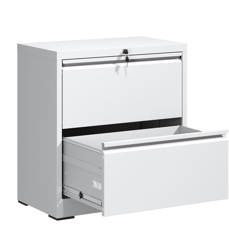 Metal 2 Drawer Lateral Filing Cabinet For Office, Cold - Rolled Steel, Smooth Movement, Bearing Rails White File With Lock, Slide Rails, Interlock Feature