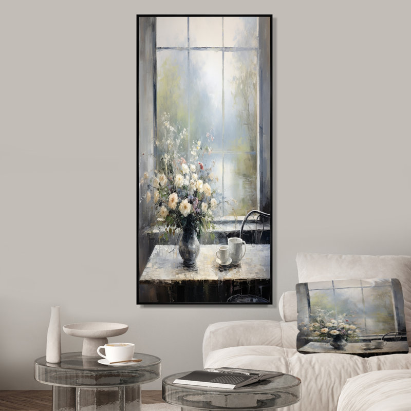 «Grey Misty River Window View I - Farmhouse Windows», art mural, Cadre flottant noir, 40" H x 30" W