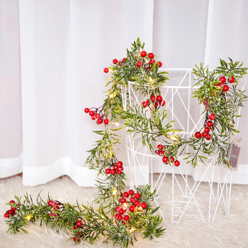  Guirlande de Noël à DEL, guirlande de fruits rouges, guirlande de pins, décoration d'aiguilles, fils de cuivre, décoration de fenêtre, lumières des Fêtes