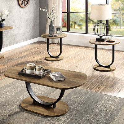 Rustic Oak And Sand Black 3 - Piece Industrial Coffee Table Chase With U Shape Steel Base Replicated Wood, 1 Oval 2 Round Tables 3Pc Method Shaped Base,
