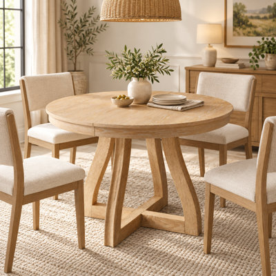 42" Round Extendable Dining Table for 4-6 People with 16" Leaf, Farmhouse Wood Kitchen Table with Curved Legs
