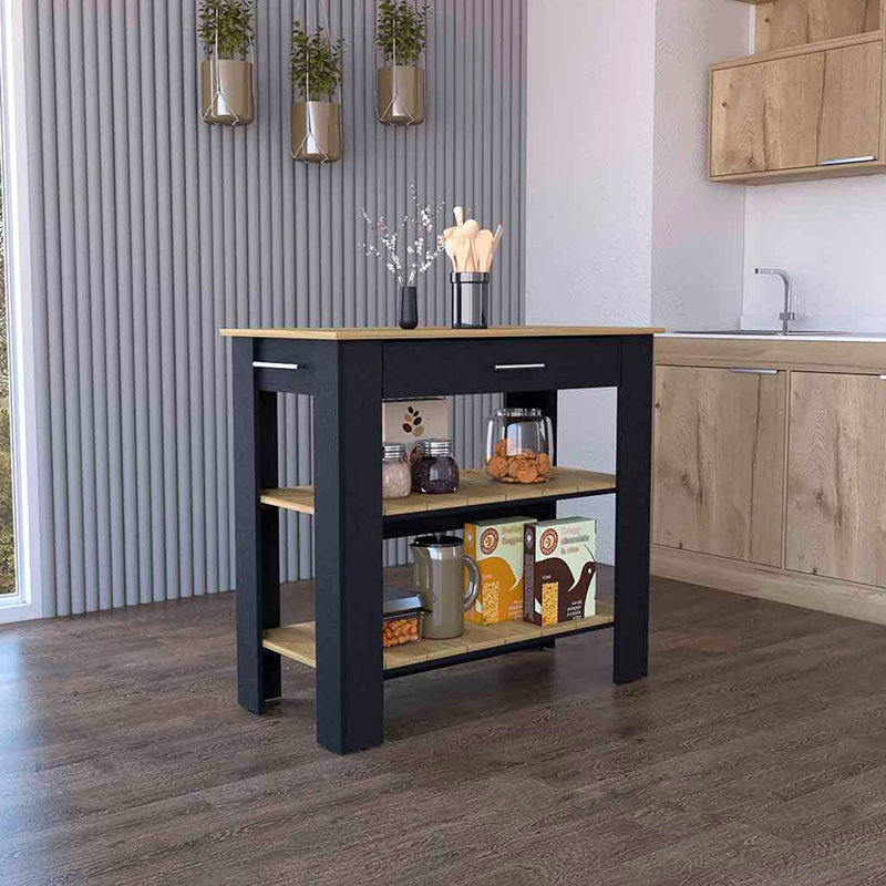 Kitchen Island 40 Inches Dozza, Two Shelves, Black Wengue / Light Oak Finish