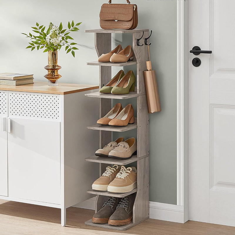 7 - Tier Narrow Vertical Shoe Rack with Hooks, a Corner Space Storage Marvel, Heather Greige