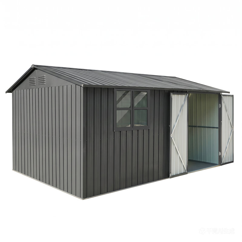 Remise de 120 po x 144 po en métal gris avec fenêtres et tablettes de rangement - une remise à outils de jardin résistante aux intempéries, parfaite pour un patio.