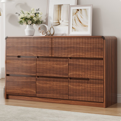 Ato 53.2" W 8 Drawer Mid-Century Modern, Wooden Double Dresser with Curved Profile, Fluted Design and Large Capacity Storage					