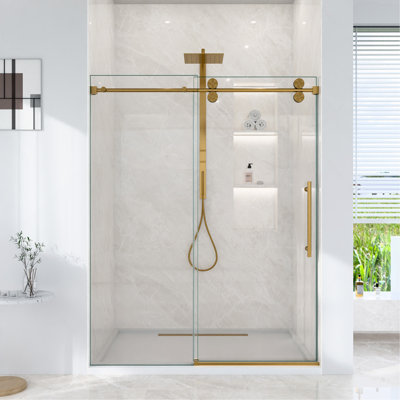 56"-60"W*72"H Frameless Single Sliding Shower Door – 5/16" (8mm) Clear Tempered Glass, Bypass Design with Brushed Gold Finish
