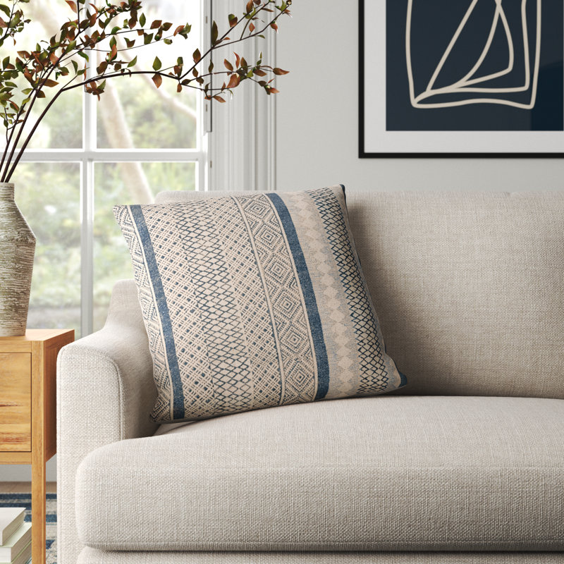 Zetta Geometric Cotton Throw Pillow, 18" x 18", Polyester/Polyfill, Light Beige/Dark Blue
